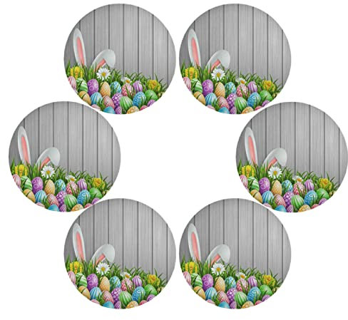 Mnsruu Oster-Tischsets Hasenohren Blumen Holz Runde 6er Set für Küchentisch Abwaschbar Küche Tischsets Platzsets, Farbe 3, 15.4x15.4inx6, B01C20015
