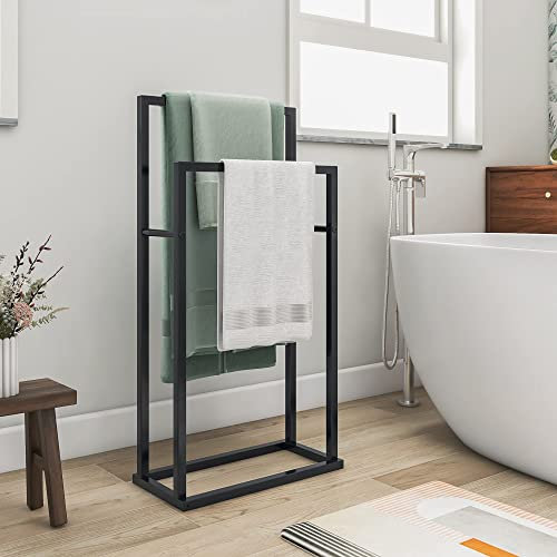 JELUTE Portasciugamani autoportante, organizzatore a 2 livelli, per bagno e asciugamani, accessori da bagno, colore: nero