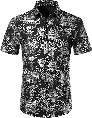 PARKLEES Men's Luxury Paisley Shiny Printed Slim Fit Short Sleeve Button Up Dress Shirt Black Silver XL