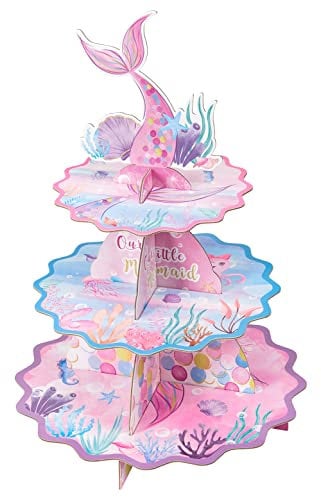 WERNNSAI Mermaid Cupcake Stand - Watercolor Mermaid Party Decorations for Girls 3 Tier Cardboard Cupcake Stand Holder Dessert Tower Ocean Birthday Party Supplies Baby Shower Round Serving Tray Stand