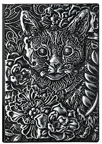 Magisches Notizbuch, Schreibtagebuch Notizbuch 3D Kunst, Leder Vintage geprägtes Cover Notizbuch A5, Reisetagebuch, Katze und Blume silber