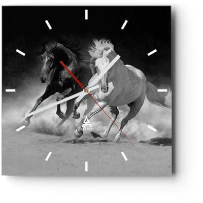 Modern Wanduhr Andalusier Pferde Galopp 40x40cm Quadrat Groß Wand Uhr Glas Analog Zimmeruhren Küche Büro Wohnzimmer Glasuhr Wall Clock Dekoration Design Wanddekoration Küchenuhr C3AC40x40-4240