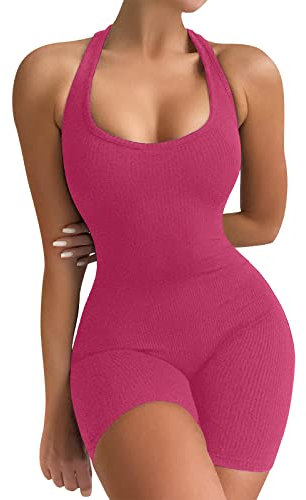 VUTRU Damen One Piece Unitard Sommer Outfits Overalls Sexy Bodysuit Gym Yoga Shorts Squat Strampler Ärmellose Overalls Streamlined Rompers Sleeveless Jumpsuits Rose L