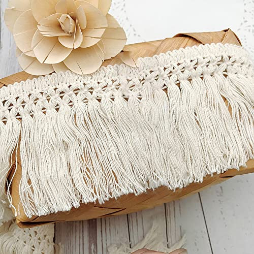 10 Yards 8cm Breite Beige Baumwolle Quaste Spitzenband Fransenbesatz Spitzenbesatz zum Nähen Fransenborte Quaste Trimmen Nähzubehör für DIY Kostüme Bekleidung Vorhang Kleidung Tischdecke Hochzeit Deko