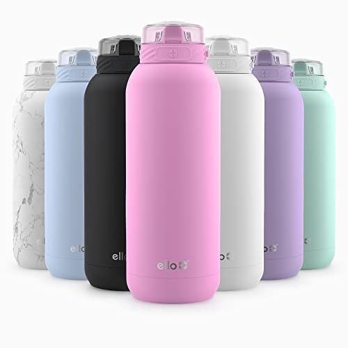 Ello Cooper 40oz Stainless Steel Water Bottle with Straw and Carry Handle, Double Walled and Vacuum Insulated Metal, Leak Proof Locking Lid with Soft Silicone Spout, Reusable, BPA Free, Bubblegum