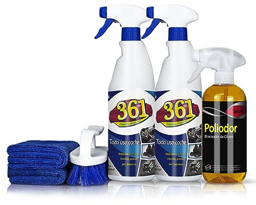 Sisbrill Kit Tapicerías. Limpia y desodoriza Sofas de Coche, Alfombrillas, Textil. 2x750 ml de 361 + 1x500 ml de Poliodor + 1 Cepillo Profesional + 2 microfibras.
