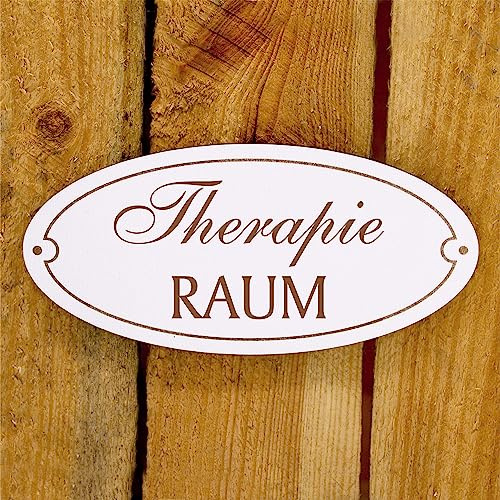 Türschild Therapie Raum - Schild oval weiß Therapieraum Holzschild Praxis Behandlung Gravur selbstklebend 15 x 7 cm