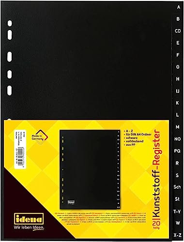 Idena 302022 - Register A - Z, für DIN A4, aus Kunststoff, 20-teilig, volldeckend, schwarz, 10 Stück