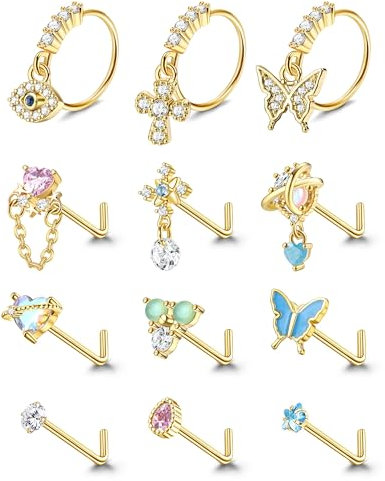Kakonia Dangle Nasenpiercings L Form Nasenstecker für Damen Edelstahl Nasen Ringe CZ Herz Schmetterling Nasenspiercing Schmuck Gold Tone