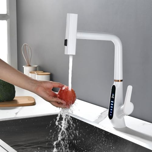 Wasserfall Wasserhahn Küche, Küchenarmatur Ausziehbar, 3 Modi Armatur Küche, LED-Digitalanzeige, Küchenarmatur Mischbatterie 360° Drehung, Spültischarmatur Küche, 59A Kupfer (Weiß)