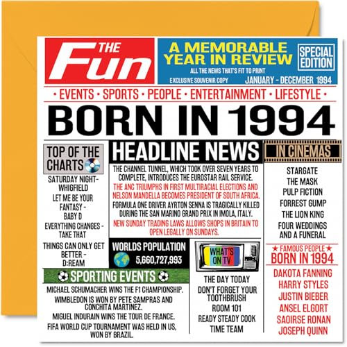 Geburtstagskarte zum 30. Geburtstag für Männer und Frauen, Zeitung Born In 5,064.8 cm Zeitung – Happy 30 Birthday Card für Bruder, Schwester, Freunde, Vintage-Retro, Back in 1994, 145 mm x 145 mm,