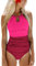 CUPSHE Damen Badeanzug High Neck Bauchweg Raffungen Strandmode Farbblock Zierausschnitt Einteilige Bademode Swimsuit Rot/Neon-Pink L