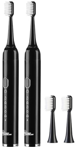 newgen medicals E-Toothbrush: 2er-Set Reise-USB-Akku-Schallzahnbürsten, 25.000 Hz, 5 Modi, Tasche (Zahnbürsten elektrisch Schall, Reisezahnbürste, Wasserdichte Taschen)