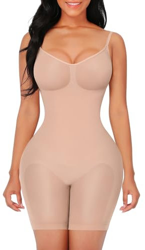 FeelinGirl Shapewear Damen Body Shaper Bauchweg Sculpting Nahtloser Atmungsaktiver Bodysuit mit Verstellbarem Schultergurt Überbrust V-Ausschnitt Ton M/L