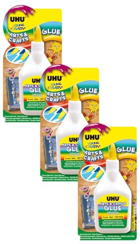 UHU Young Creativ, idéale travaux manuels, Arts & Crafts, sans solvants, avec spatule intégrée, transparente, flacon 100g (Lot de 3)