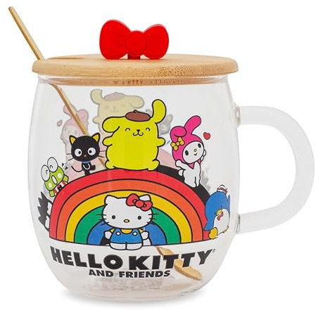 Silver Buffalo Sanrio Hello Kitty and Friends Rainbow Glass Mug With Lid and Spoon
