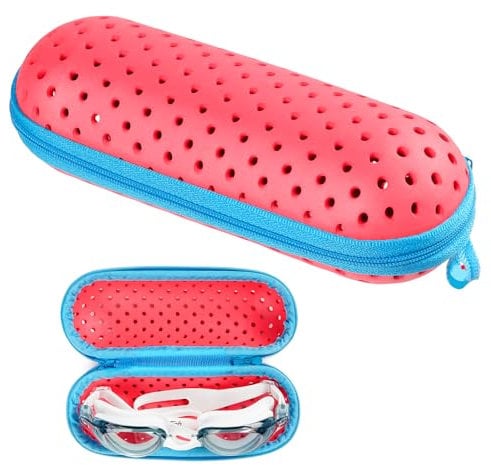 VichiPan Schwimmbrillen-Etui, Schwimmbrillen-Schutzetui mit Abflussloch, tragbares Brillenetui mit Reißverschluss und Karabinerhaken für Sonnenbrillen (Rosa)