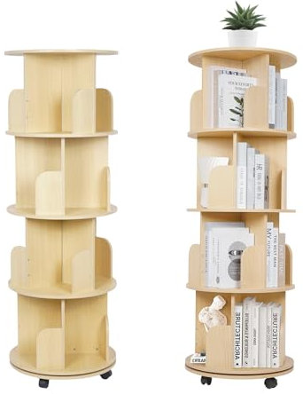 mosegor 4 Tier Rotating Bookshelf, Mobile Wooden Round Revolving Bookcase with Castors, 360° Rotating Free Standing Corner Book Shelf/Kids Swivel Bookcase for Bedroom Living Room Study Office