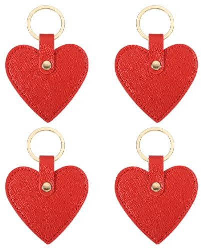 PATIKIL Herz Leder Schlüsselanhänger, 4er Pack Herz Leder Schlüsselanhänger mit Schlüsselringen Schlüsselanhängerhalter für Hochzeitsgeschenke Partygeschenke Ausweiskarte, Rot