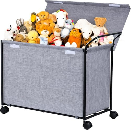 BBLIKE Toy Box with Lids on Wheels - Large Toy Storage Boxes with Push Handle Cartoon Kids Toy Organizer Fabric Toy Chest for Boys, Girls, Clothes, Books, Nursery (Basic Grey)