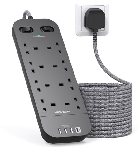 3M Black Extension Lead, 8 Way Outlets Power Strip with 1800J Surge Protection, Double Switch Plug Extension with 10FT Braided Extension Cable for Home, Dorm Room, Office Accessories
