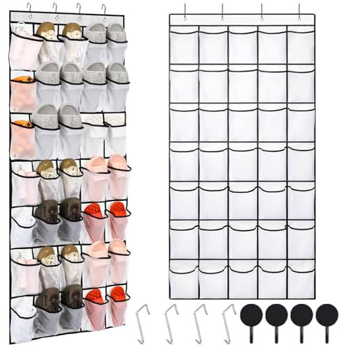 VEGCOO Zapatero colgante para colgar sobre la puerta, 35 bolsillos grandes de malla, organizador de zapatos sobre la puerta con 8 ganchos para organizar la puerta del armario, dormitorio, cocina, baño