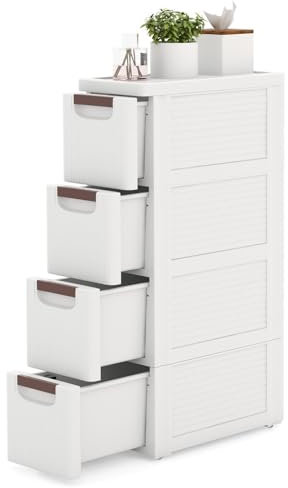 Multigot Bathroom Floor Cabinet On Wheels, Freestanding Slim Storage Cupboard with 3/4/5 Drawers, Mobile Drawer Cabinet Compact Plastic Bathroom Organizer Unit for Living Room Entryway (4-Drawer)