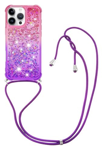 GoodcAcy Case Compatible with iPhone X/XS Case, Moving Liquid Holographic Glitter Sparkly Case Silicone, with Cord Necklace Case,Pink Purple