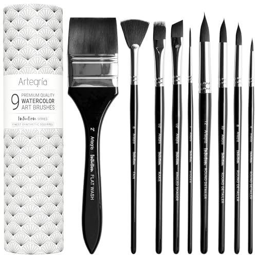 ARTEGRIA Watercolor Brush Set, 9 Professional Soft Synthetic Squirrel Paint Brushes, Including Round Detailers, Flat Wash, Rigger, Rake, Fan, Angled Shader