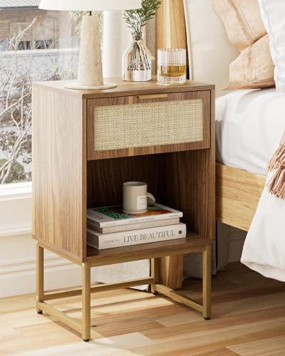 HEYZOEY Table de chevet bohème moderne en bois avec tiroir - Table d'appoint pour chambre à coucher, salon, bureau (noyer rotin)
