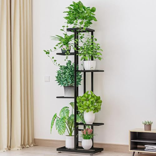 Zstar Pflanzenständer mit 6 Ebenen, Metall Blumenregal Pflanzenregal, Mehrstöckig Blumenständer Blumenbank Blumentreppe Pflanzentreppe Standregal für Innen Garten Balkon Deko, Dark gray with silver