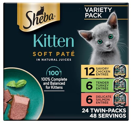 Sheba Perfect Portions Kitten Wet Cat Food Pate Chicken Entree, Salmon Entree, and Turkey Entree, 2.6 oz. Twin-Pack Trays (24 Count, 48 Servings)