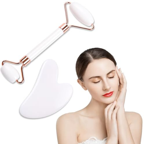 SJBAUTYO 2pcs Gesichts-Jade-Roller und Gua Sha-Set,Gesichtsroller für Frauen Gesichtsmassagegerät,für Gesicht,Augen,Hals zur Hautpflege,Schönheit und Entspannung der Körpermuskulatur