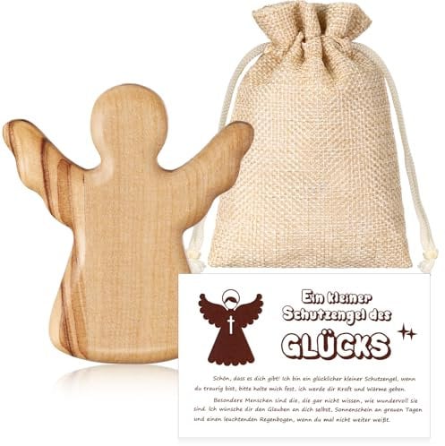 BBTO Schutzengel aus Olivenholz Handgefertigtes Prüfung Glücksbringer Schutzengel Handschmeichler Schutzengel Geschenk mit Beutel und Karte Gebet Christliches Geschenk für Familie Freunde Patient