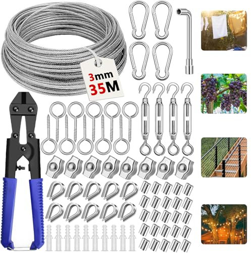 MWZEAUL 35M Câbles en Acier Inoxydable à Suspendre Kit,304 Cable Inox 3mm avec Tendeur Cable, Serre Cable Acier,Câble en Acier Gainé pour Treillis Plante Grimpante Exterieur,Corde a Linge,Garde Corps