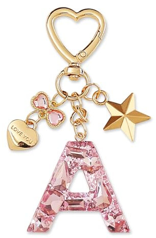 ZVRSUA Portachiavi con Lettera Iniziale per Ragazze e Donna，Letter Keychain Iniziale，Alfabeto Keyring con Ciondolo a Forma Stella Farfalla，Ciondolo a Borse,Ciondolo Zaino (Rosa lettera A)