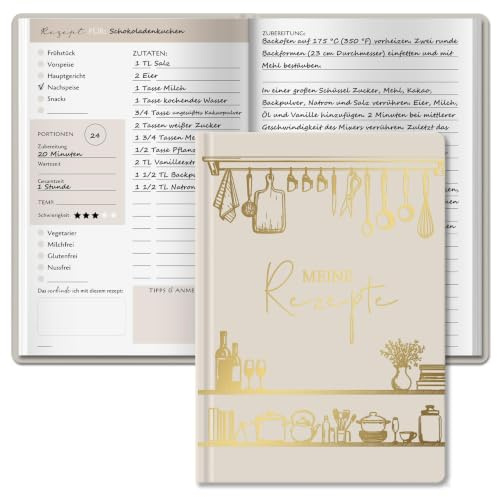 BIROYAL Rezeptbuch zum Selberschreiben A5, 120g Papier, Hardcover, beige | Eigenes Kochbuch mit Umrechnungstabelle & Inhaltsverzeichnis, Platz für 100 Rezepte, Doppelseite pro Rezept, für Hobbyköche