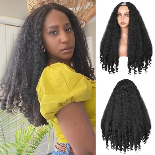 Aminow Afro-Perücke mit V-förmigem Teil, synthetische Yaki-lockige Halbperücke für schwarze Frauen, klebefreie U-Teil-Perücke mit unterer Sprunglocke, 4C-Frisur, natürliches Schwarz, 55,9 cm