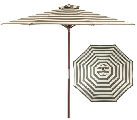 Genérico 270cm Sombrilla de Jardín con Rayas Grises y Blancas, Portátil Parasol de Terraza Exterior de Madera, Protección UV, 8 Varillas Resistentes