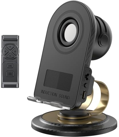 Cell Phone Stand with Instant Wireless Induction Bluetooth Speaker(Video Control/Camera Control), Portable Bluetooth Speaker for Home and Outdoors, All Day Playtime, Compatible with iOS/Android