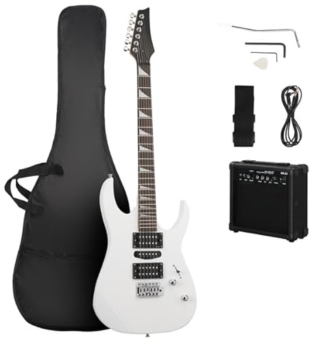 39 Full Size Electric Guitar Starter Kit with 20W Amplifier, Guitar Bag, Cable, Strap, Pick, Tremolo Bar, HSH Pickups Electric Guitars, Perfect Beginner Electric Guitar Set (White)