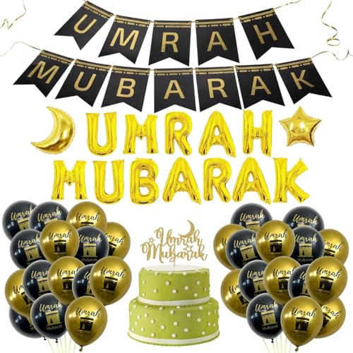 46-Piece Set Umrah Mubarak Decoration, Umrah Celebrations ,Elegant Cake Topper and Banner, Includes Umrah Dua Balloon, Perfect for Party Events