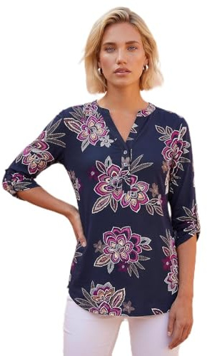 Roman Shirt for Women UK Ladies Top Collarless Blouse Stretchy Tunic Smart Casual Autumn Winter Jersey 3/4 Length Sleeve Notch V Neck Flattering Office Work - Size 10 - Cerise