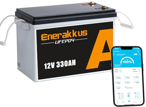 Enerakkus 12V 330AH LiFePO4 Mini Lithium Batterie, 4224Wh Energie Lithium Batterie, 200Ah BMS mit Bluetooth, Max. 15.000 Ladezyklen für 10 Jahre, für Wohnmobile, Solaranlagen, Boot
