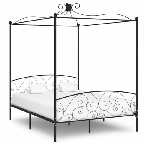 Holamys Cadre de lit à baldaquin en métal, noir, 180 x 200 cm, robuste, avec sommier à lattes, élégant meuble de chambre à coucher, pour rideaux et moustiquaire, grande stabilité