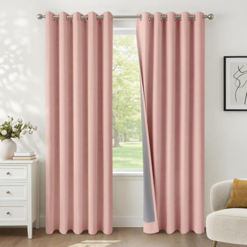 INOVADAY 100% Verdunklungsvorhänge 2 Stück Blush Rosa, H175xB140 cm | Gardinen mit Ösen Wohnzimmer, Vorhang Blickdicht Leinenoptik, Thermovorhang für Schlafzimmer, Geräuschreduzierend, OEKO