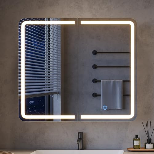 mojiasion 2-türiger Spiegelschrank Bad mit Beleuchtung – Korpus: 70 cm breit, Alibertschrank mit LED, Touch-Sensor, 3 Lichtfarben, dimmbar & integrierter Ladestation (2 USB + 2 Steckdosen)