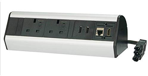 Allcam DP14-series Commercial Desktop Power Extension w/Desk Clamp, 2x Individually Fused Sockets 2x USB (USB-A & USB-C) 1x Ethernet 1x High Definition AV and 2m Starter Lead Black