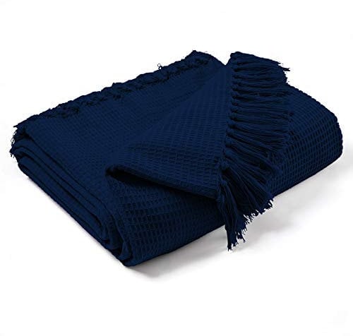 EHC Waffle Cotton Woven Large Sofa Throw 2 Seater Chair/Sofa/Bed 178 x 254 cm, Navy Blue