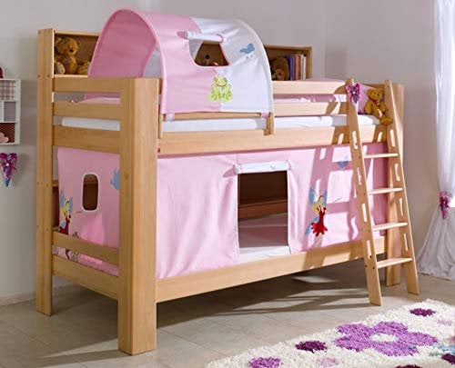 Froschkönig24 Etagenbett JAN Kinderbett Spielbett Bett mit Bücherregal Buche Prinzessin Rosa/Weiß